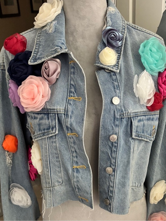 Signature8 Jackets & Blazers - Signature 8 Multi-Color 3D Floral Appliqué Cropped Denim Jacket